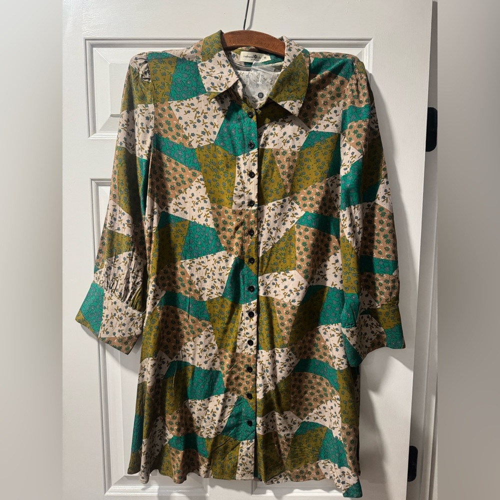Natural Life Green and Blue patchwork/ Floral Shirt dress